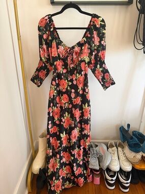 ASOS Black Maxi Dress with Coral Pink Rose Print